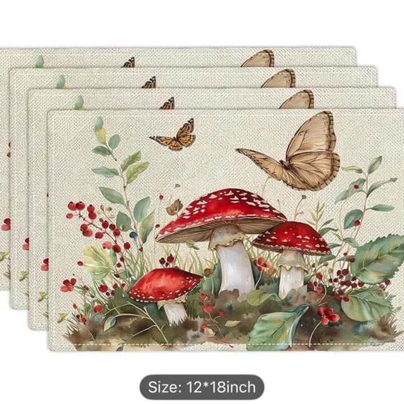 Other - Set of 4 New Mushroom flowers and butterfly fabric placemats cottage core